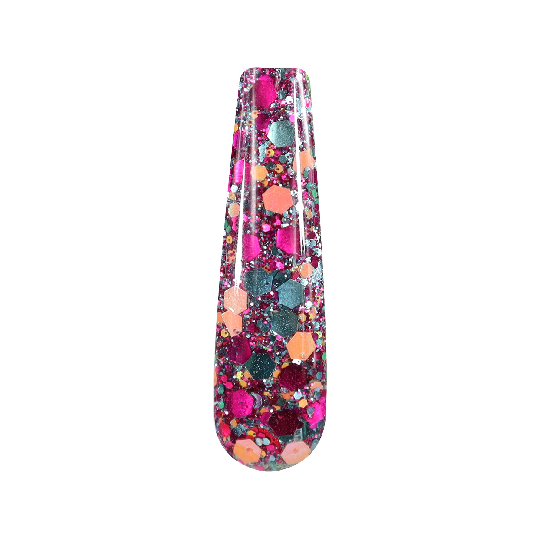 Nail tip with chunky multicolor glitter in blue, pink, orange, and purple tones.