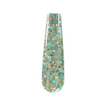 Nail swatch with chunky blue, gold, and multicolor glitter dip powder on clear nail tip.