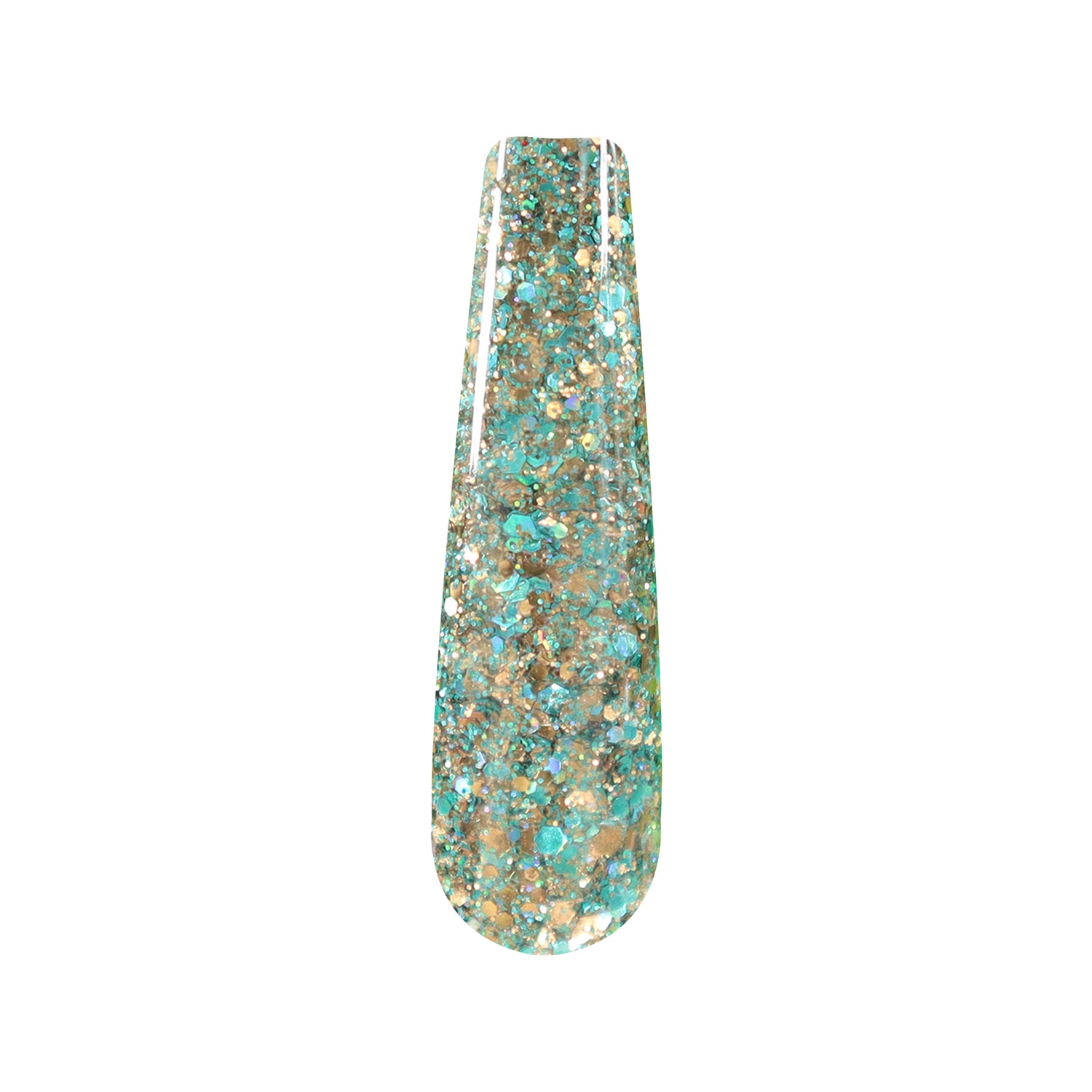 Nail swatch with chunky blue, gold, and multicolor glitter dip powder on clear nail tip.