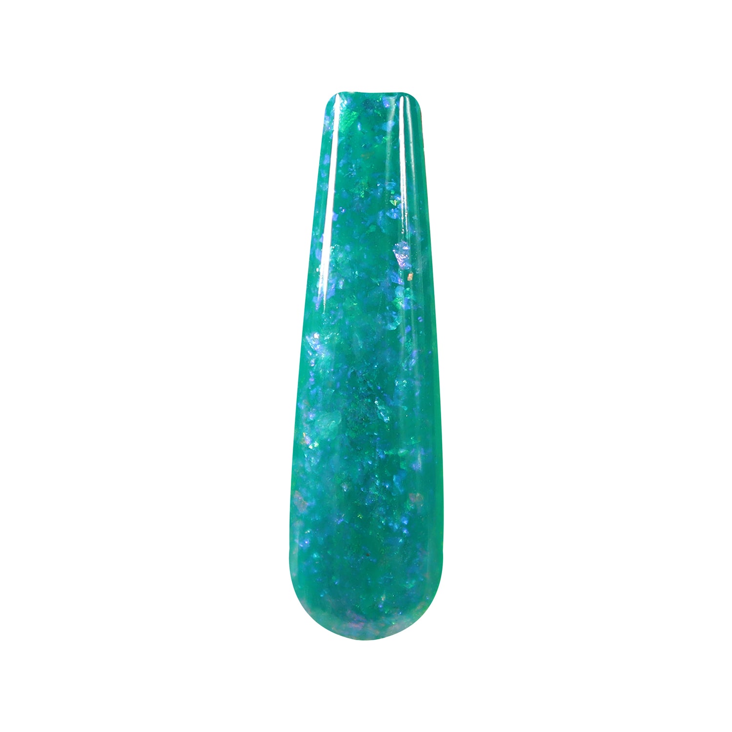 Teal dip powder nail swatch with blue and green chameleon flake glitter shimmer.
