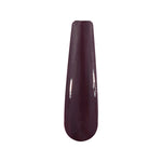 Glossy deep wine purple solid nail dip powder swatch on clear nail tip.