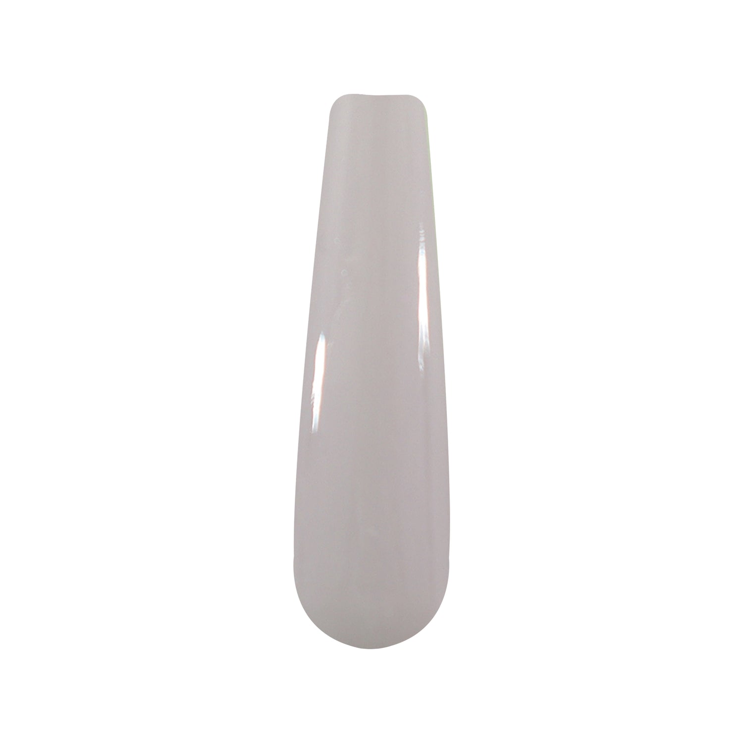 Glossy beige nude nail polish swatch with smooth, solid finish on tapered tip.