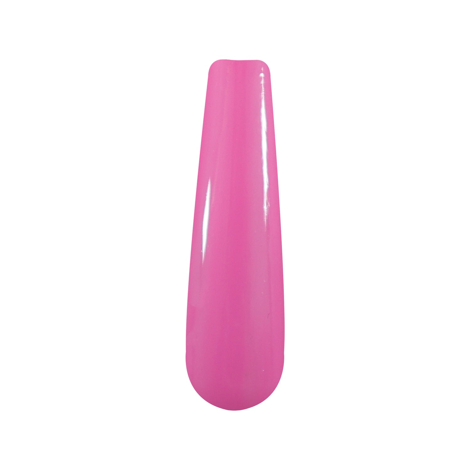 Glossy hot pink solid pastel dip powder nail swatch on elongated nail tip.