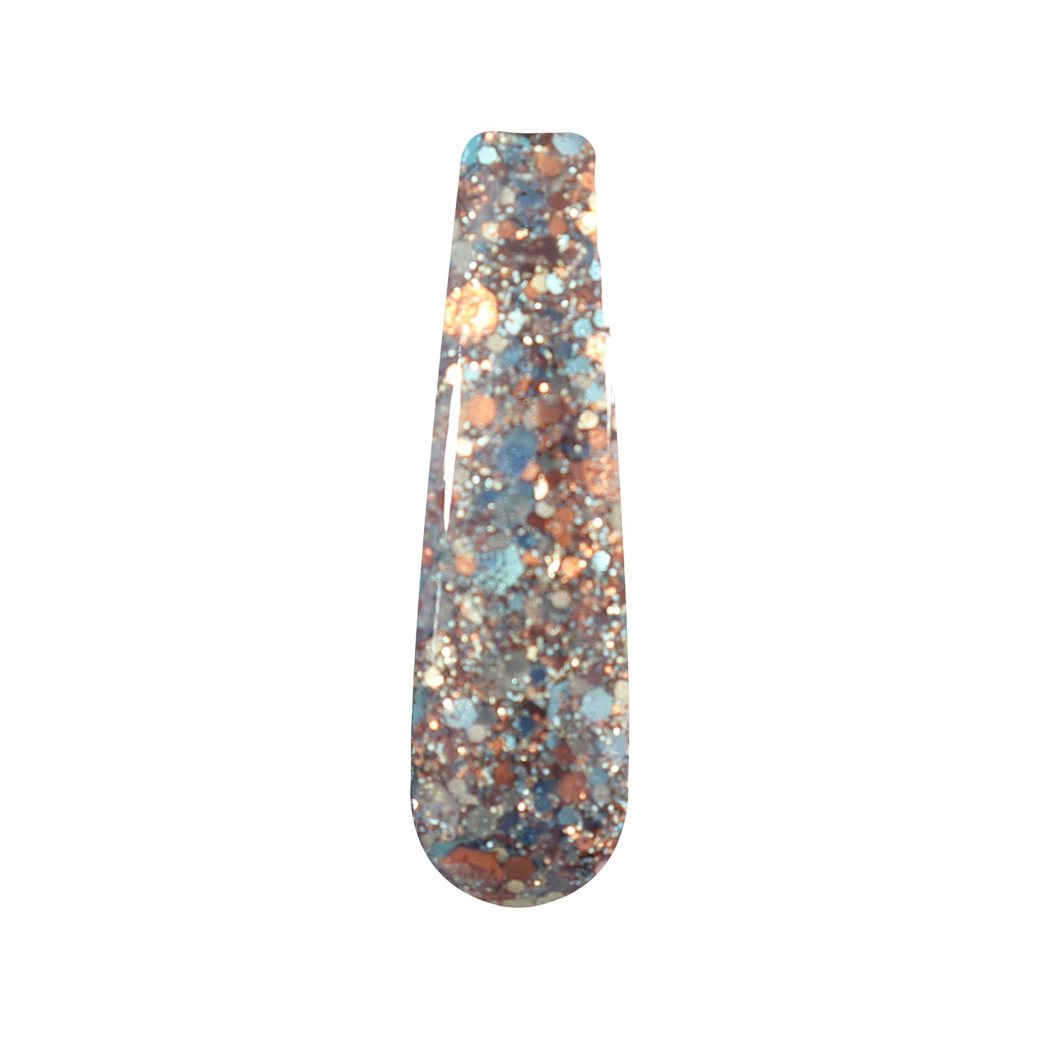 Nail dip powder swatch with chunky copper, blue, silver, and multicolor glitter blend.