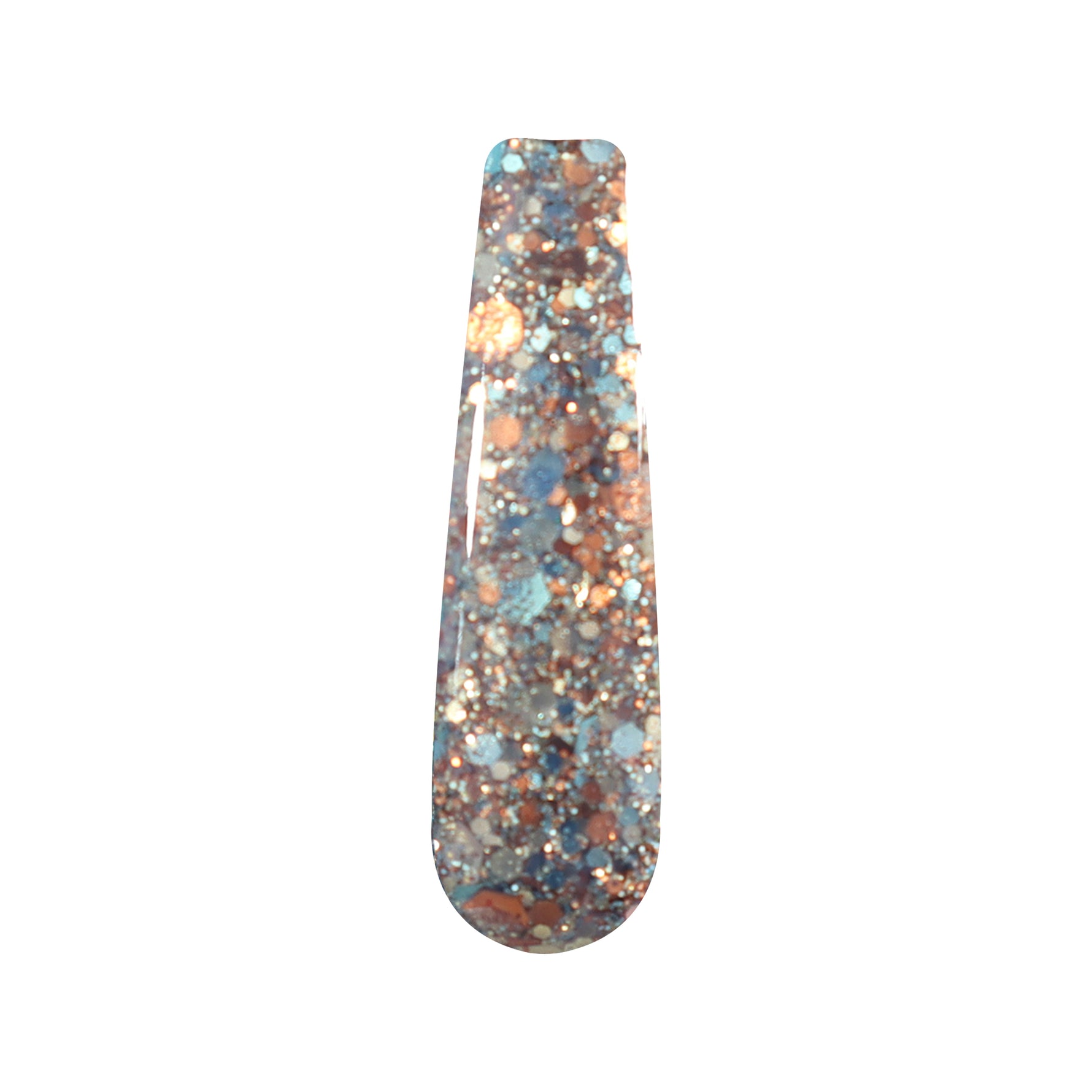 Nail dip powder swatch with chunky copper, blue, silver, and multicolor glitter blend.