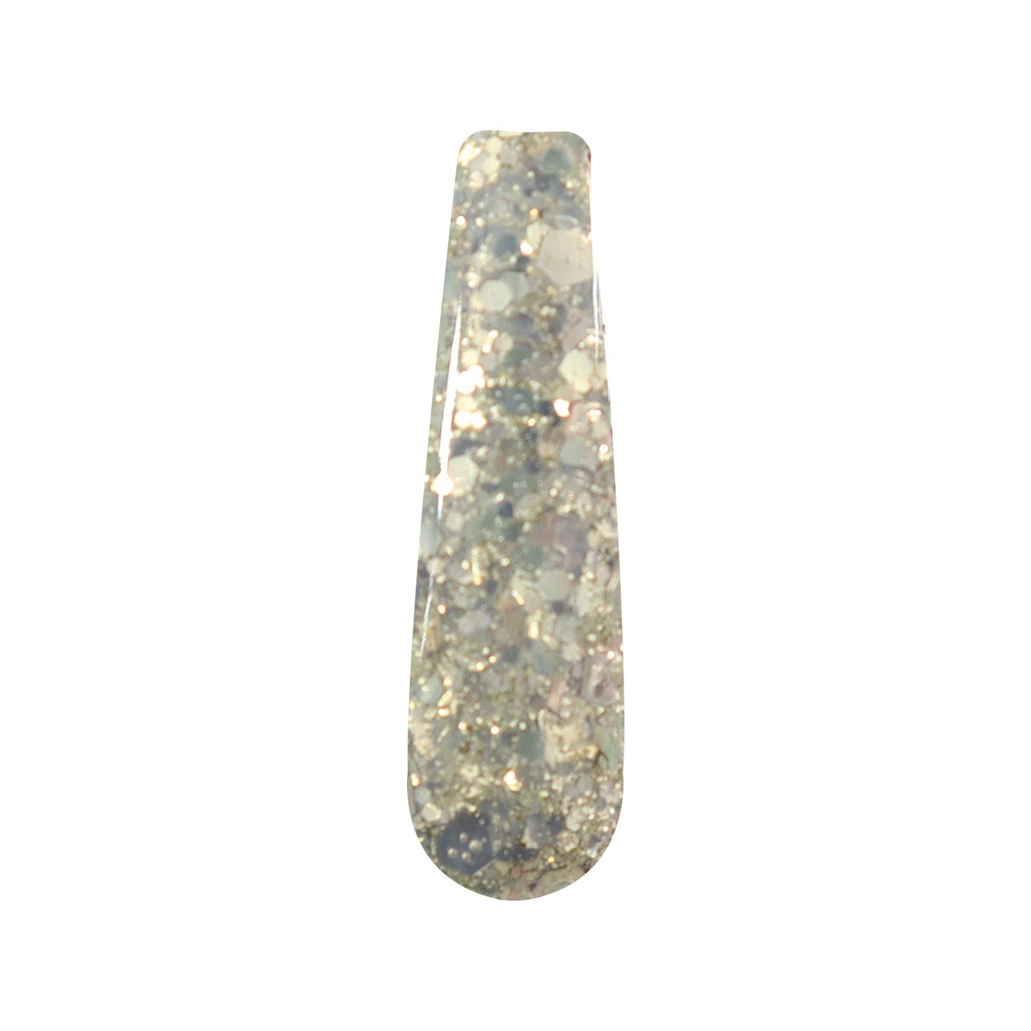 Nail swatch with chunky silver and iridescent glitter in clear base.