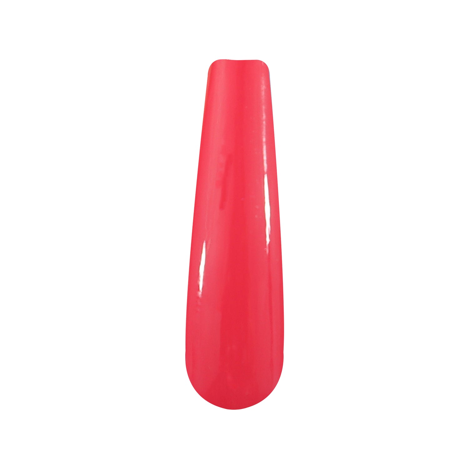 Bright coral-pink glossy dip powder nail swatch with smooth finish.