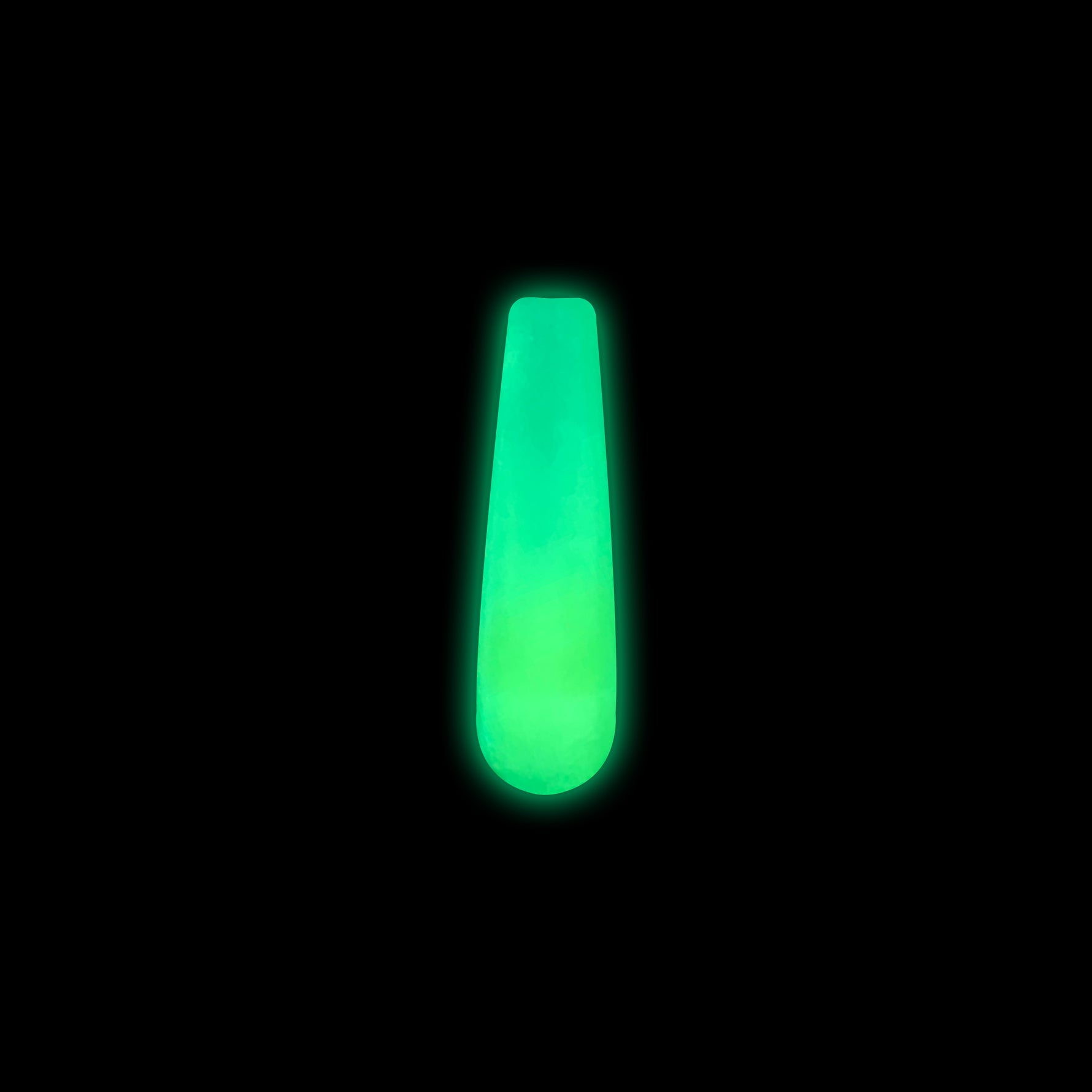 Neon green glow-in-the-dark nail dip powder sample on black background.
