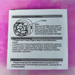 Mini desk vacuum maintenance instructions card with black text and simple line drawings on white paper.